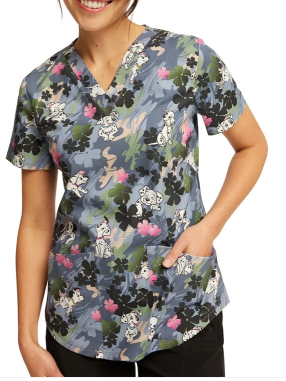 Plain Sight Puppies Tooniforms Disney 101 Dalmatians V Neck Scrub Top